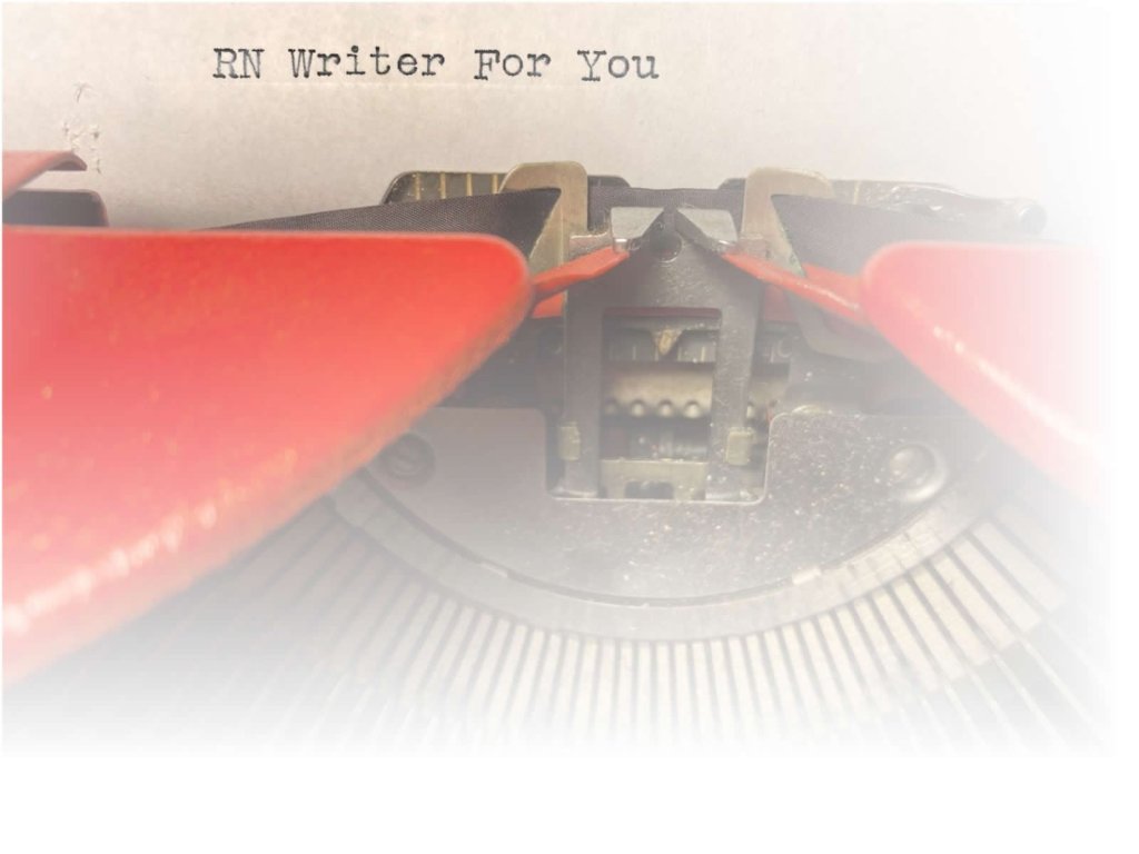 Red manual typewriter with "RN Writer For You" typed onto the page