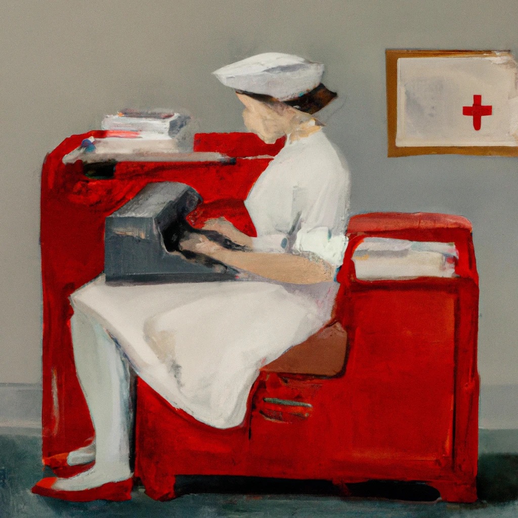 Decorative image of a nurse at a typewriter